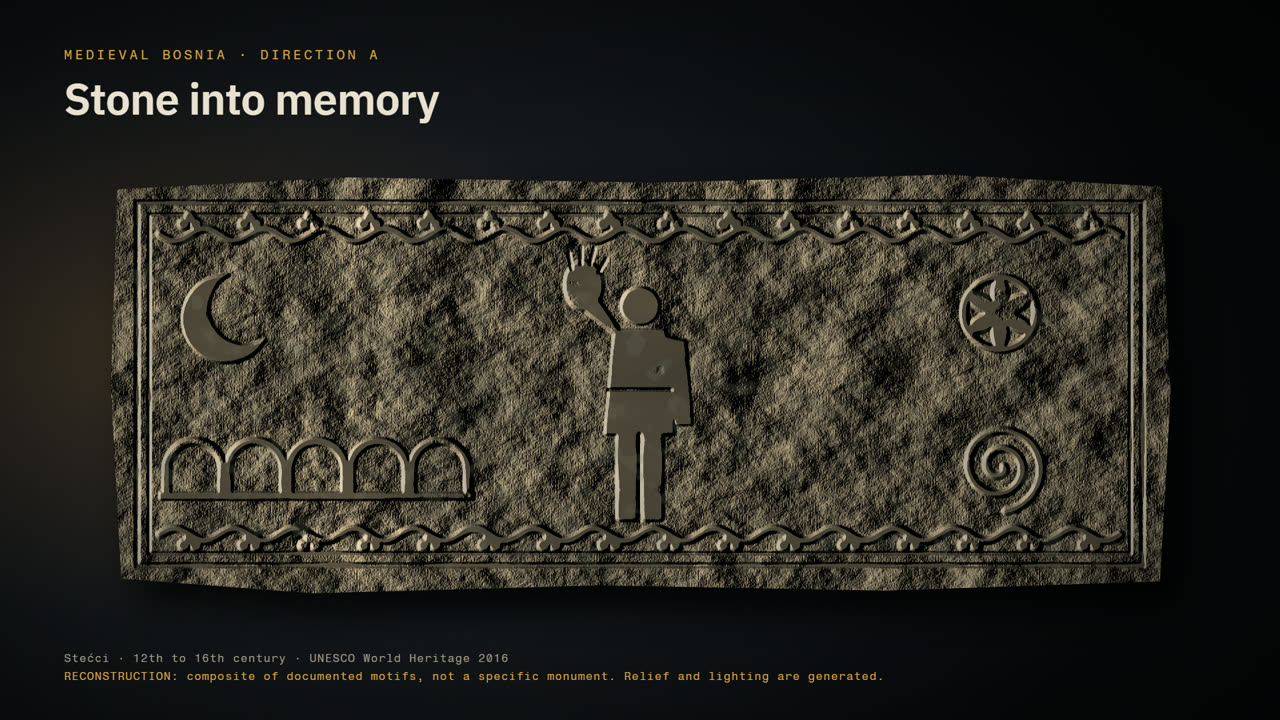 Direction A: a carved stone slab with relief motifs, lit from the side, labelled as a composite study and not a specific monument.