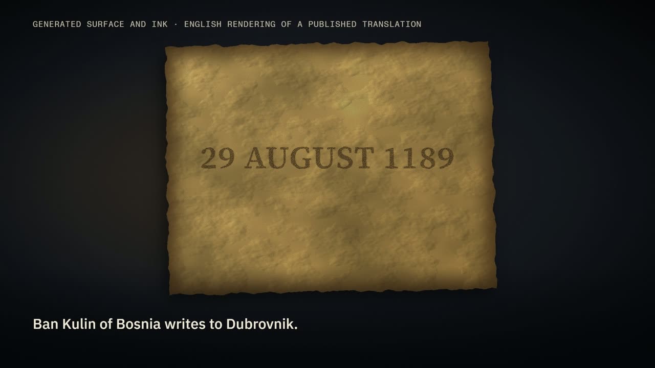 A generated aged sheet with the date 29 August 1189 written in ink, with the caption: Ban Kulin of Bosnia writes to Dubrovnik.
