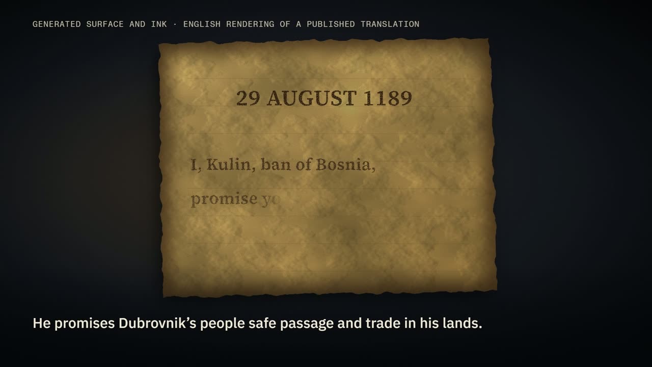 The sheet now carries three inked lines in English: I, Kulin, ban of Bosnia, promise you, Krvaš, and all the citizens of Dubrovnik. Caption: He promises Dubrovnik's people safe passage and trade in his lands.