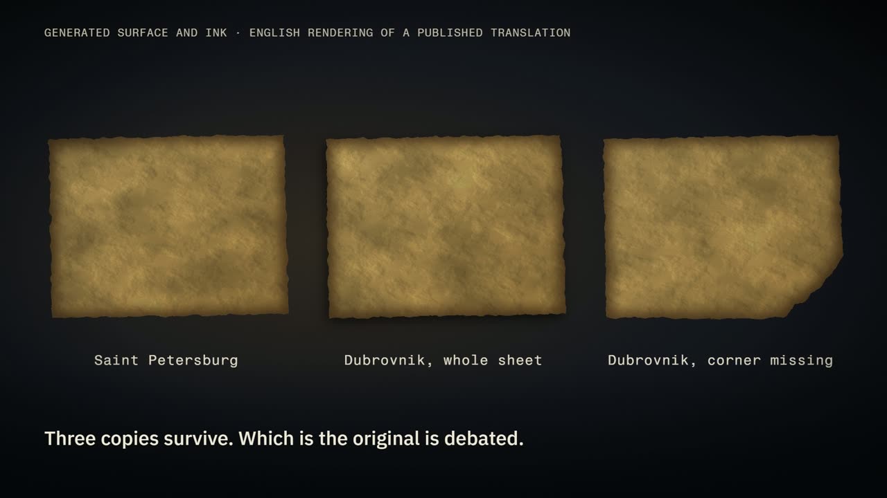 Three blank sheets side by side, labelled Saint Petersburg, Dubrovnik whole sheet, and Dubrovnik corner missing, with the caption: Three copies survive. Which is the original is debated.