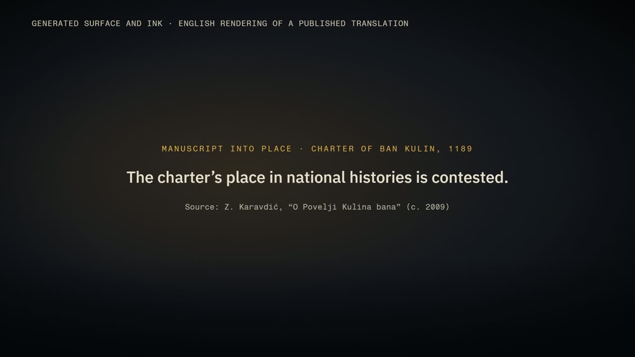 End card on a dark background: The charter's place in national histories is contested. Source: Z. Karavdić, O Povelji Kulina bana, c. 2009.